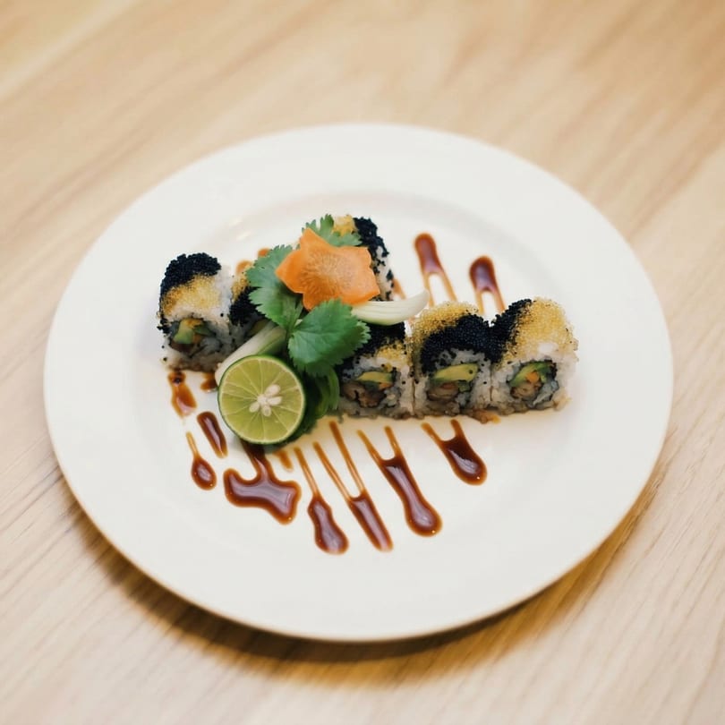 Sushi rolls with black and orange roe, garnished with cilantro, lime, and carrot on a white plate.