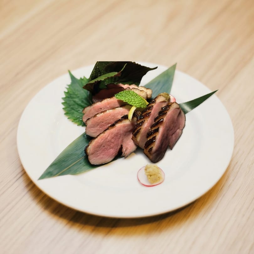 Sliced duck breast, garnished with mint, lemon, and radish, on a white plate.