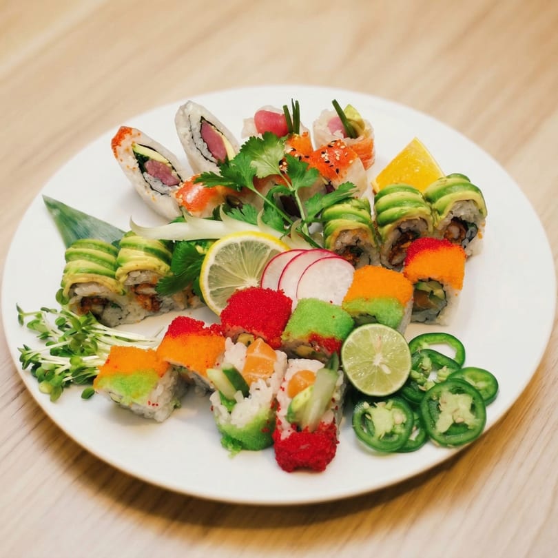 A large white plate filled with various colorful sushi rolls, garnished with citrus, radishes, and sprouts.
