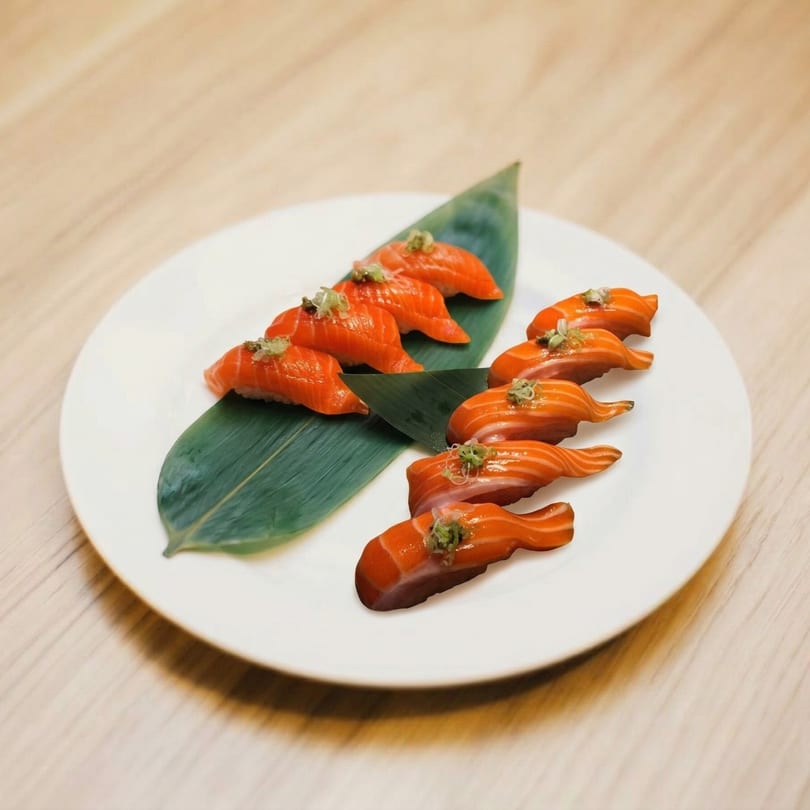 Salmon nigiri sushi with green onions on a white plate with a green leaf.